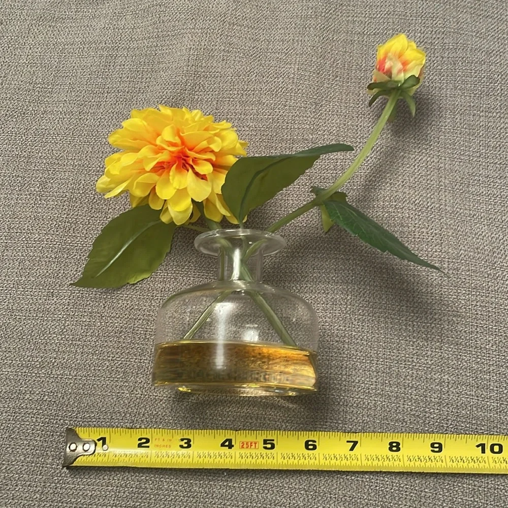 Faux Artificial Flower Arrangement Yellow Dahlia Stems Clear Glass Vase Resin